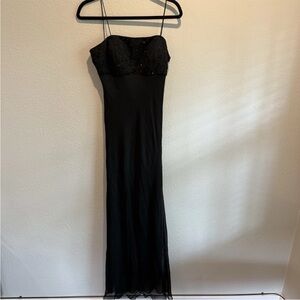 VTG 90s Y2K Marina Black Silk Beaded Prom Empire Chiffon Slinky Gown Dress 8